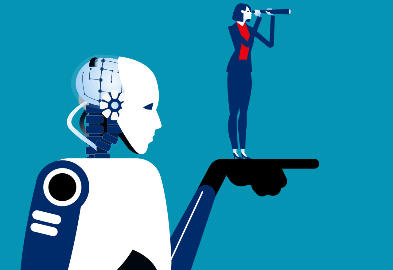 robot pointing the direction of investment for businesswomen. Business artificial intelligence vector illustration stock ai