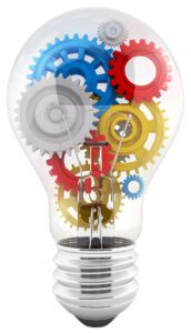 light bulb with gears in it. concept of process. 3d illustration isolated on white