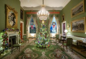 The Green Room of the White House is decorated for the holidays, Sunday, December 1, 2024. (Official White House Photo by Erin Scott)